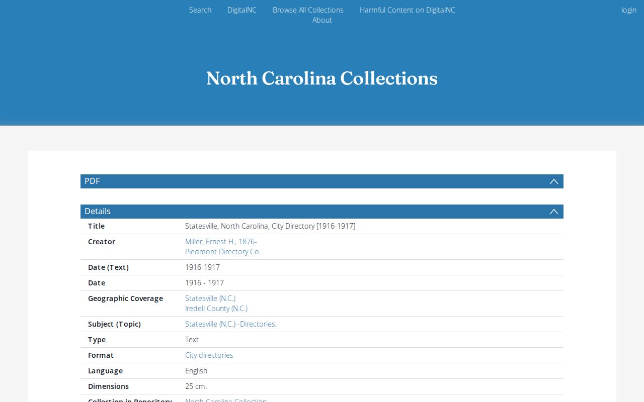Statesville city directory DigitalNC metadata and scan entry