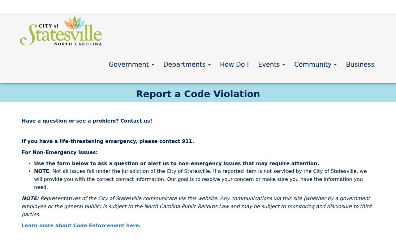 Statesville neighbor lookup code-violation reporting page and City jurisdiction notice