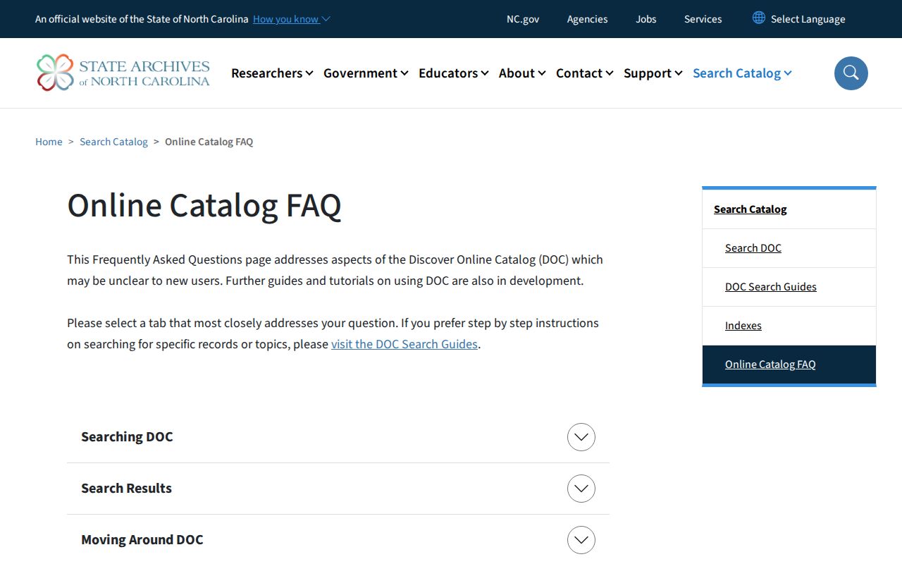 Statesville previous residents State Archives catalog search controls