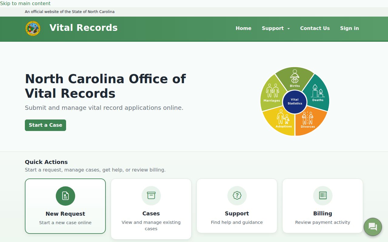 Statesville resident lookup view of North Carolina Vital Records case portal options